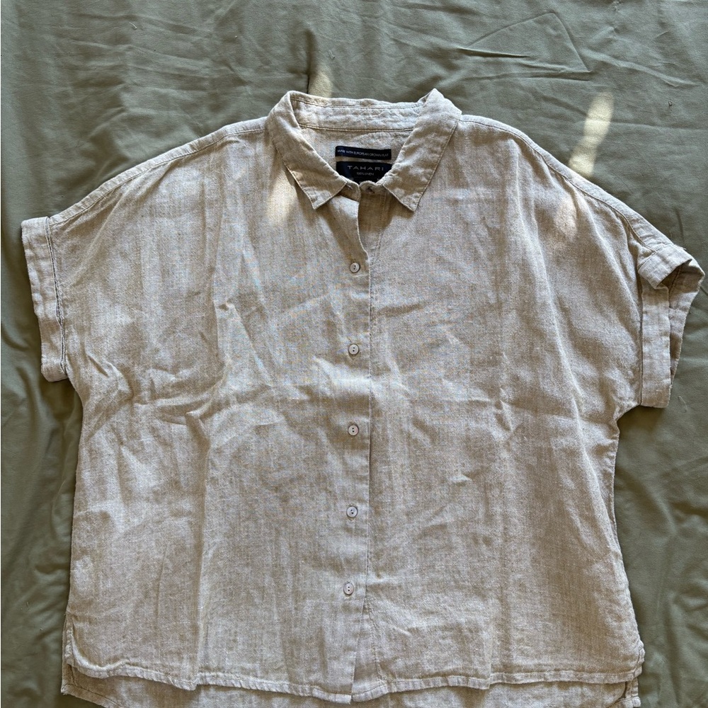 Tahari 100% Linen Short Sleeve Button-Down Tan Large